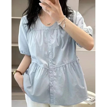 Elegante Zomerblouse met O-hals, Strik en Plooien