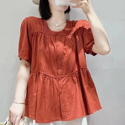 Elegante Zomerblouse met O-hals, Strik en Plooien