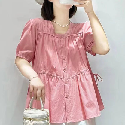 Elegante Zomerblouse met O-hals, Strik en Plooien