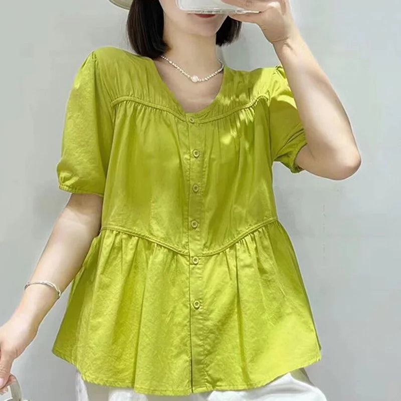 Elegante Zomerblouse met O-hals, Strik en Plooien