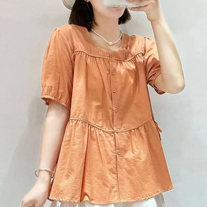Elegante Zomerblouse met O-hals, Strik en Plooien