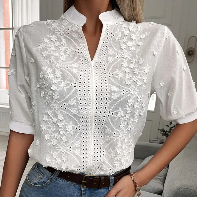 Zomerse Bloemen Borduurwerk Kant Blouse