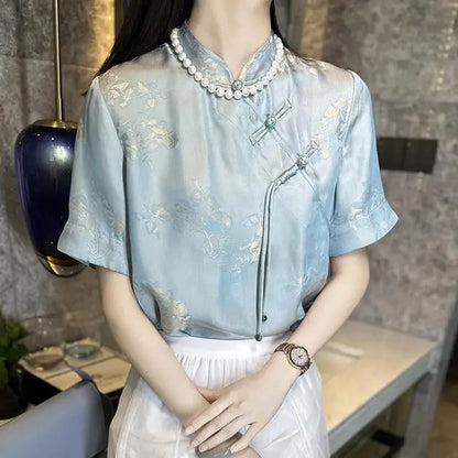 De Jade Lotus Chinese Stijl Print Chiffon Blouse