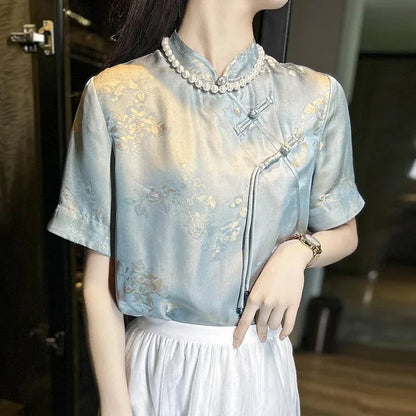 De Jade Lotus Chinese Stijl Print Chiffon Blouse