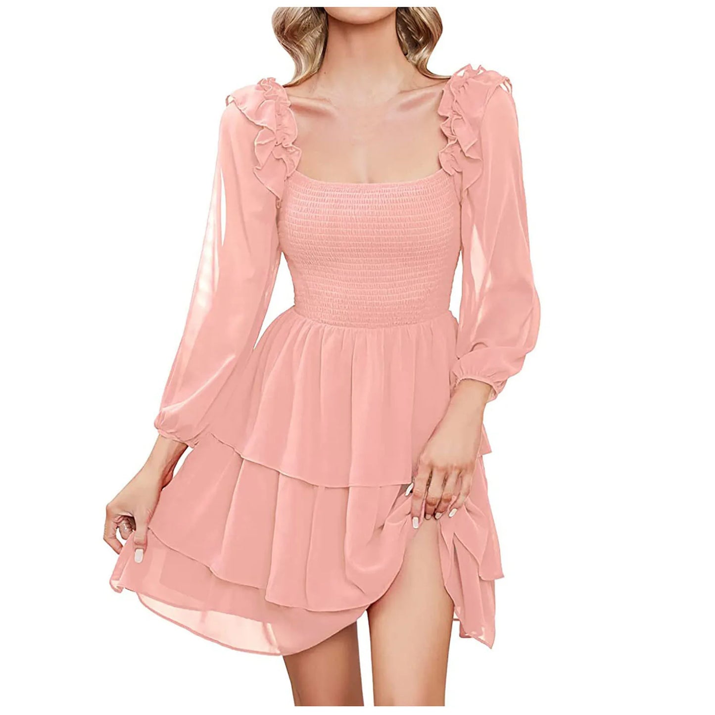 Betoverende Roze Chiffon Jurk met Vierkante Kraag voor Dames