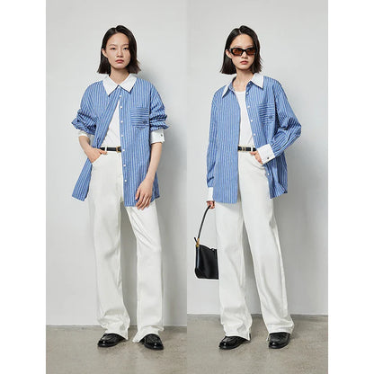 Dames Gestreepte Lange Mouw Polo Hals Losse Blouse van Toverjeugd