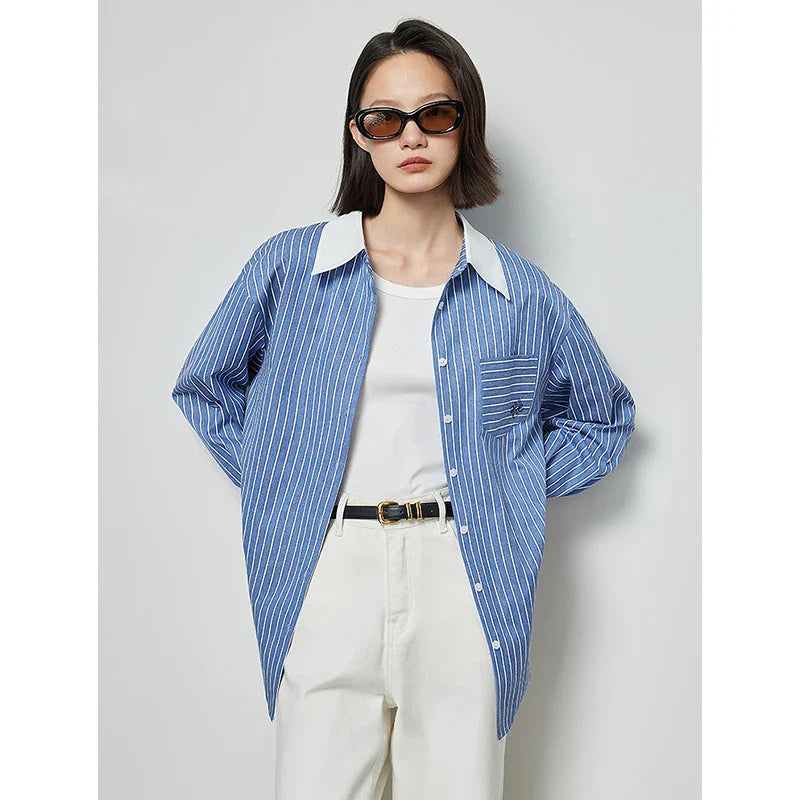 Dames Gestreepte Lange Mouw Polo Hals Losse Blouse van Toverjeugd