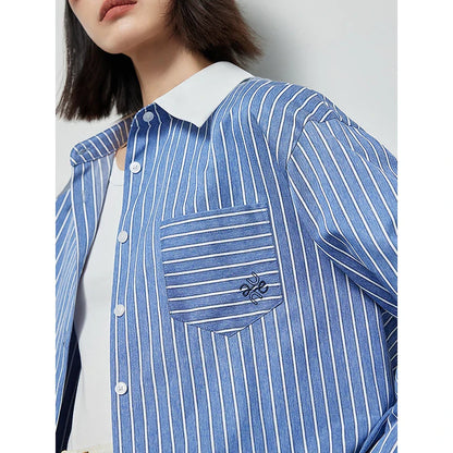 Dames Gestreepte Lange Mouw Polo Hals Losse Blouse van Toverjeugd