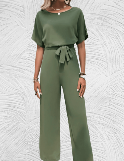 Velanora-  Mooi aansluitende jumpsuit met wijde mouwen en wijde pijpen met strikbandjes aan de zijkant