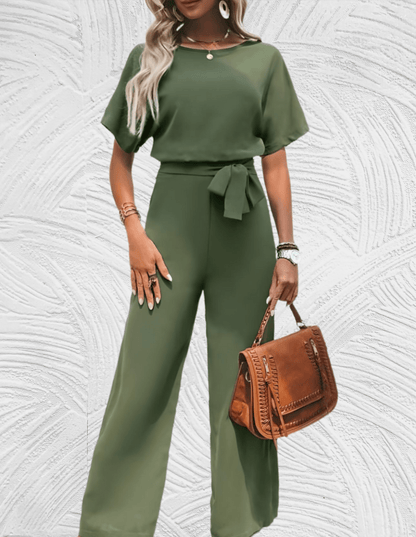 Velanora-  Mooi aansluitende jumpsuit met wijde mouwen en wijde pijpen met strikbandjes aan de zijkant