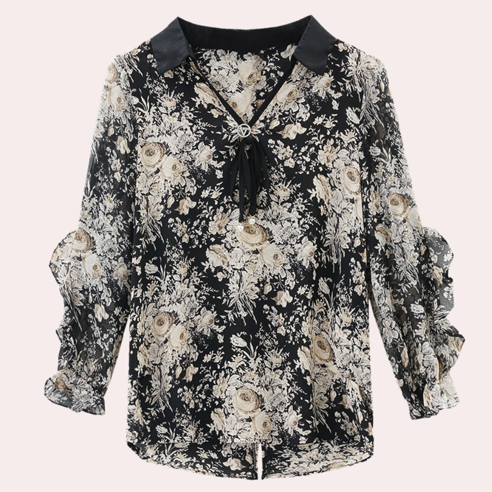Dames Blouse met Kraag Bloemige Print Zwart