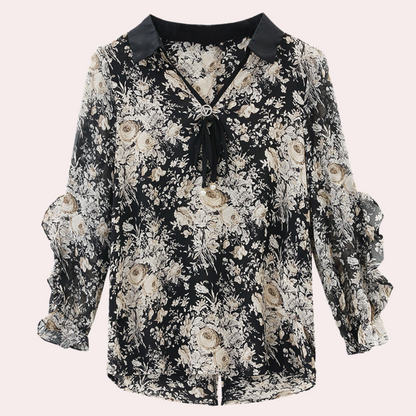 Dames Blouse met Kraag Bloemige Print Zwart
