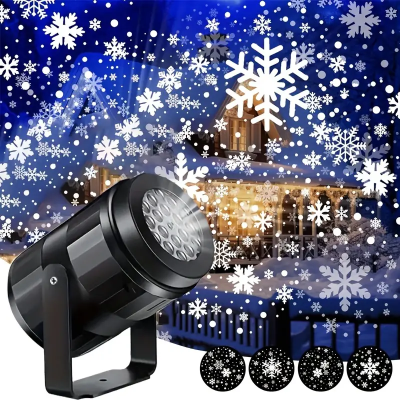 Torenza sneeuwvlokken projector verlicht een huis in winterse sferen, met sneeuwvlokken die door de lucht vallen. Het apparaat heeft meerdere ontwerpen voor sneeuwvlokken en creëert een magische kerstsfeer.