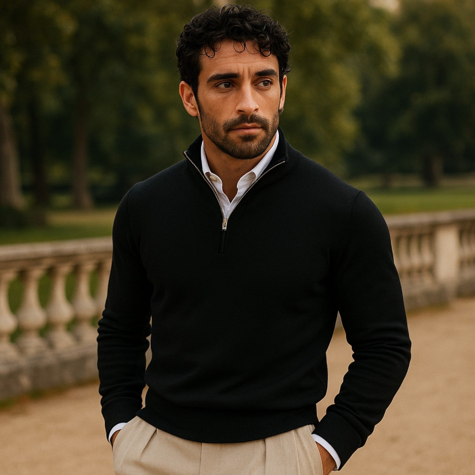 Trui van kasjmier met halve rits en slim fit