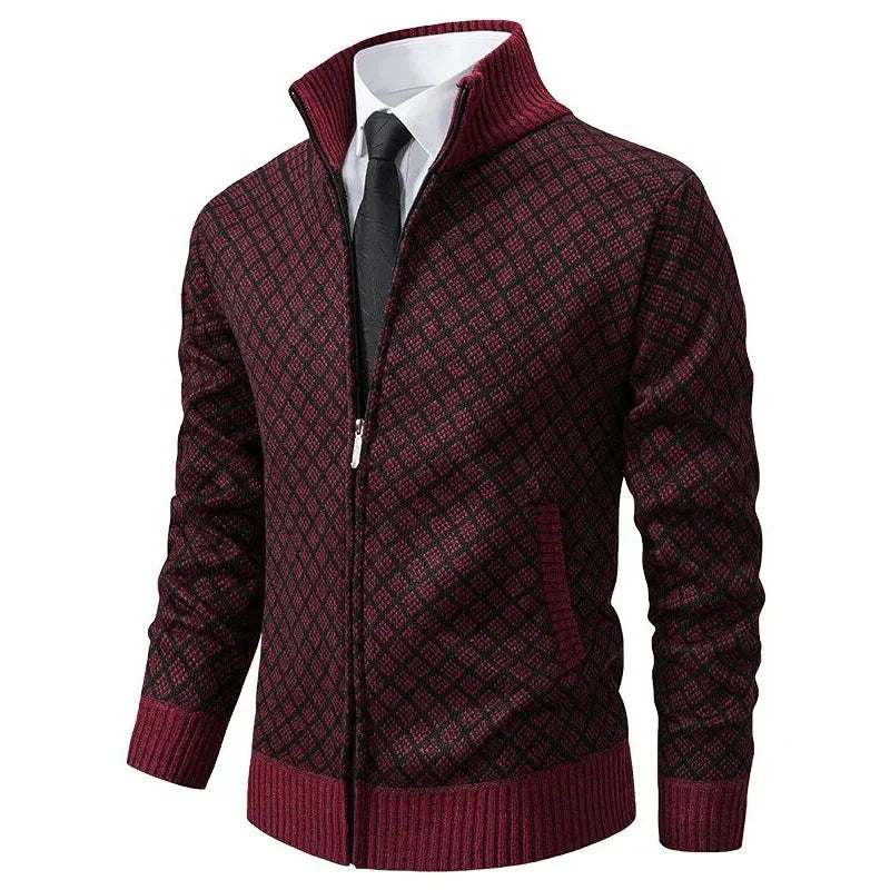 Turbano bordeaux gekleurde gebreide jas met ruitpatroon, een stijlvolle rits en een nette das voor een elegante en kwaliteitsvolle uitstraling.