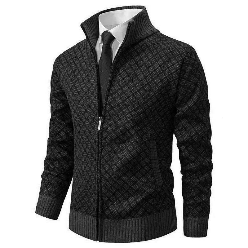 Turbano zwarte gebreide jas met ruitpatroon, stijlvolle rits en een nette uitstraling, gecombineerd met een das voor een elegante en kwaliteitsvolle look.