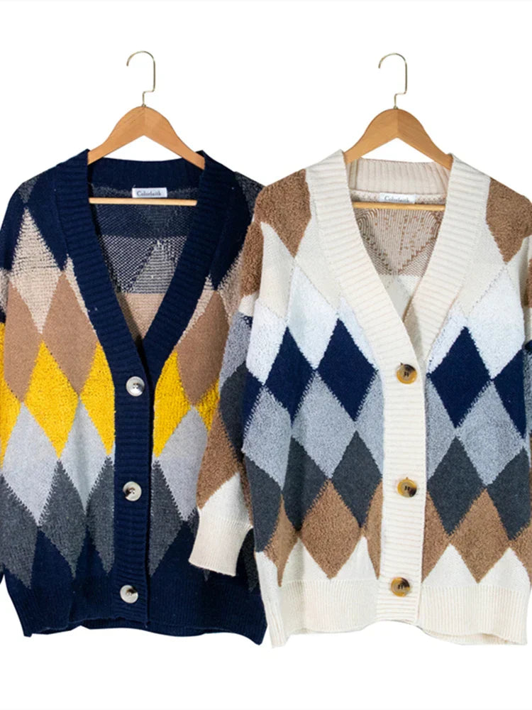 Liana | Dames Oversized Geruite Brei-Cardigan met Puffmouwen | Navyblauw