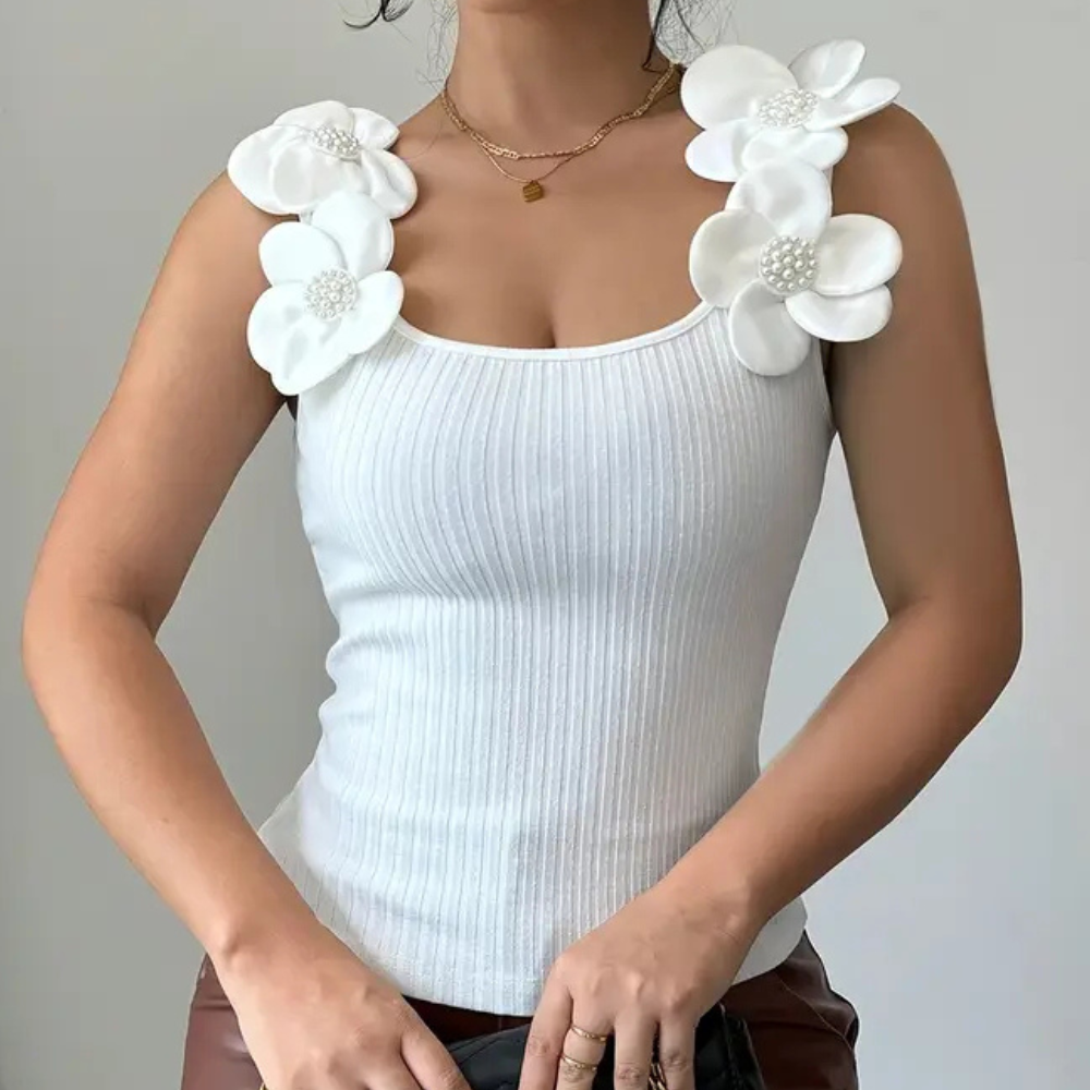 Vrouwelijke Zomer Top Wit Bloemen Mouwloos - Mode Vibes
