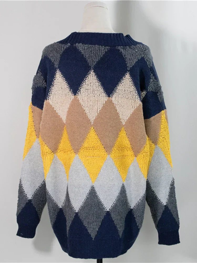 Liana | Dames Oversized Geruite Brei-Cardigan met Puffmouwen | Navyblauw