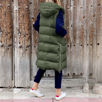 Lange Gewatteerde Dames Bodywarmer met Capuchon – Mouwloos & Warm