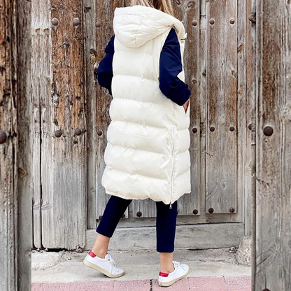 Lange Gewatteerde Dames Bodywarmer met Capuchon – Mouwloos & Warm