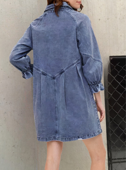 Donkere Blauwe Denim Jurk Lange Mouwen