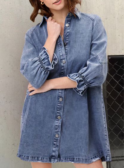 Donkere Blauwe Denim Jurk Lange Mouwen