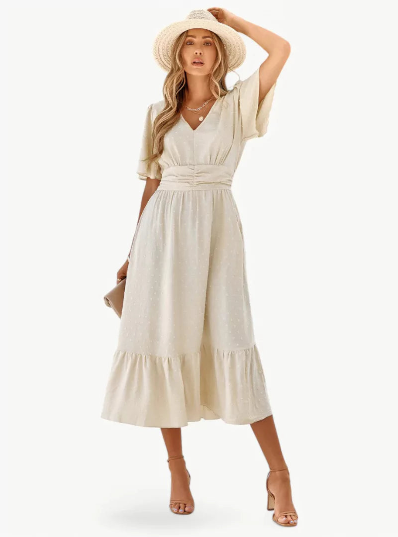 Vrouwelijke Zomerjurk Midi met V-hals en Taille - Mode Vibes