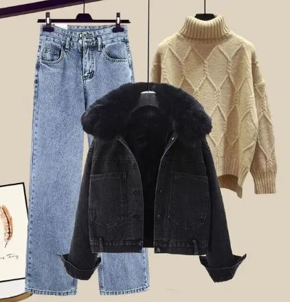 Jeans Set Driedelig met Jasje en Trui Hoge Hals - Mode Vibes