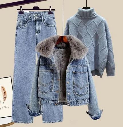 Jeans Set Driedelig met Jasje en Trui Hoge Hals