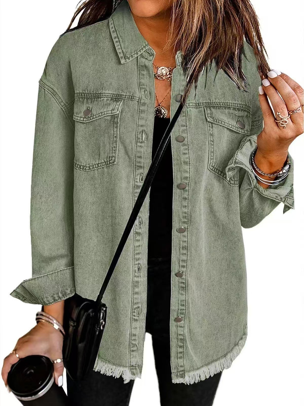 Dames Blouse Klassiek Denim Met Zakken Heather