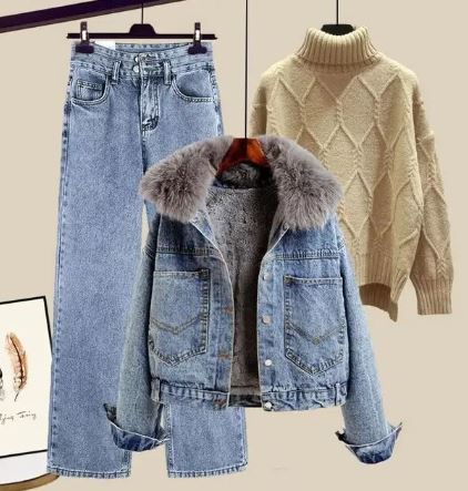 Jeans Set Driedelig met Jasje en Trui Hoge Hals