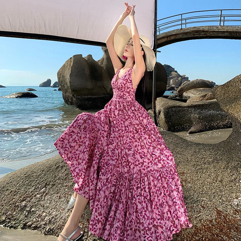 Betoverende Zomerse Backless Strandjurk met Bloemenprint