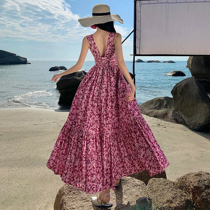 Betoverende Zomerse Backless Strandjurk met Bloemenprint