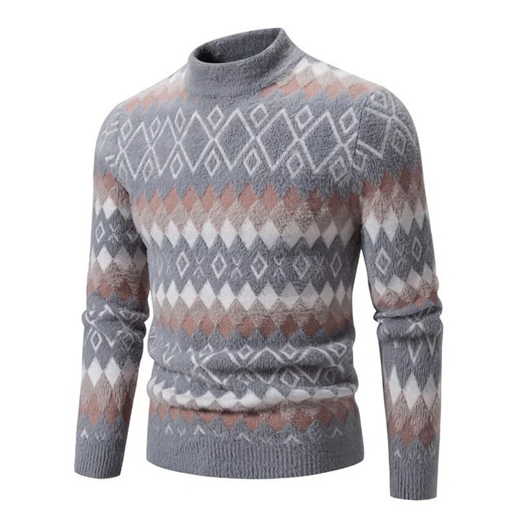 Verano moderne trui met een stijlvol geometrisch patroon in grijs, wit en bruintinten. De trui heeft een hoge kraag en lange mouwen, wat zorgt voor een comfortabele en trendy uitstraling. Ideaal voor een casual maar modieuze look tijdens koudere dagen.