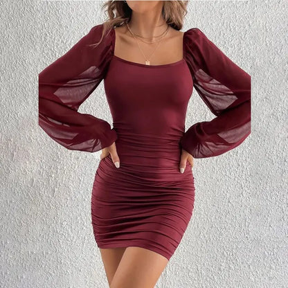 Elegante Vierkante Kraag Jurk met Mesh Inzetstukken en Plooien