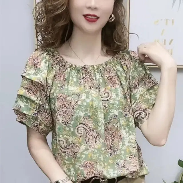 Zomerbloes met Vintage Print en Ruches voor Dames
