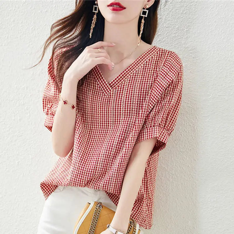 Retro-Charmerende V-Hals Geruite Blouse met Pofmouwen voor Vrouwen