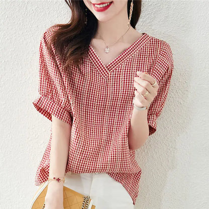Retro-Charmerende V-Hals Geruite Blouse met Pofmouwen voor Vrouwen