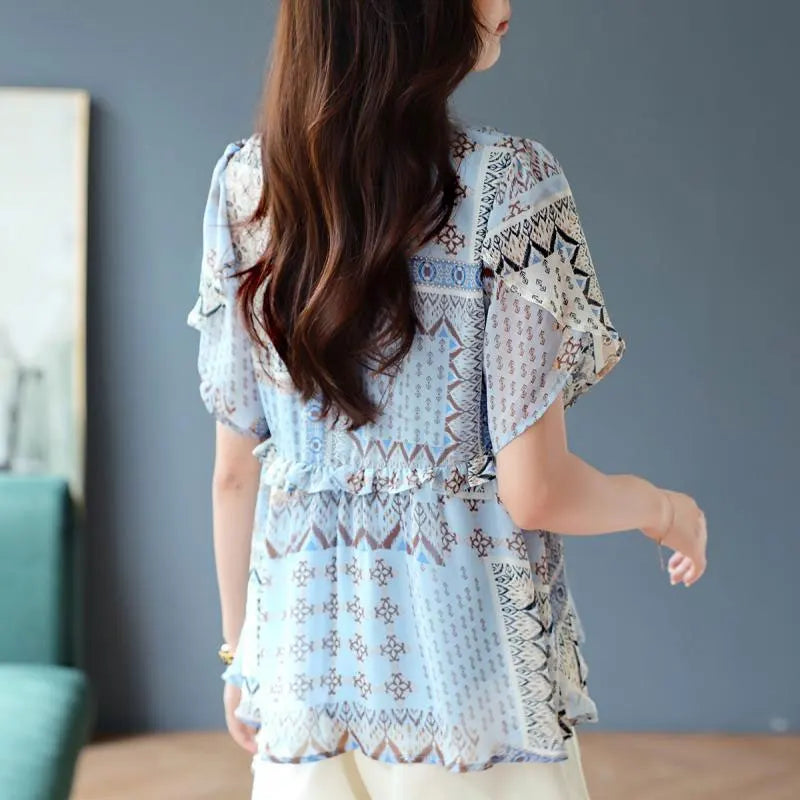 Flora Vintage Folk Print V-hals Shirt voor Stijlvolle Zomerdagen