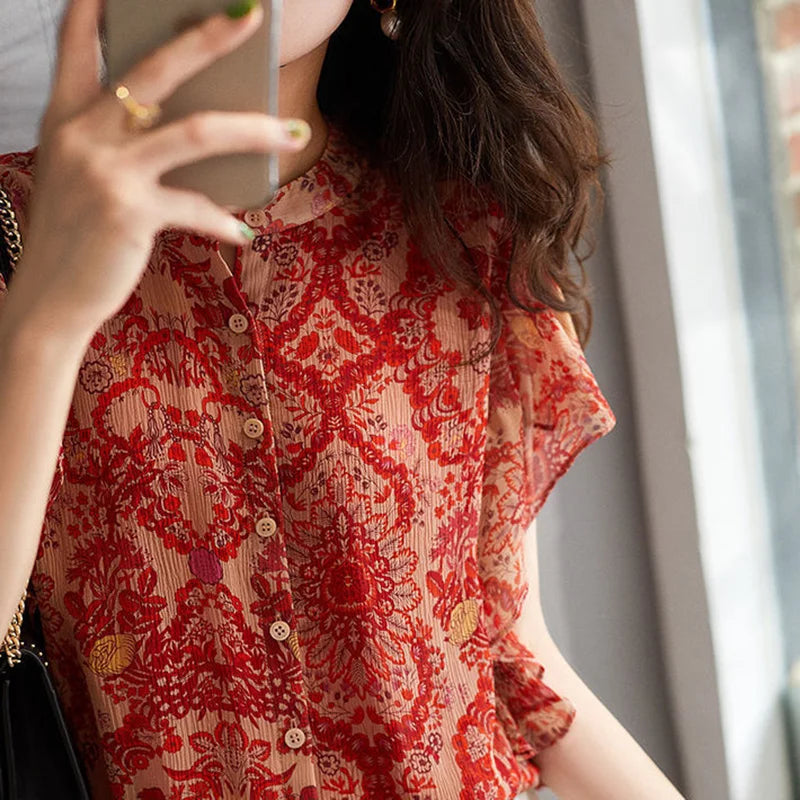 Vintage Chiffon Blouse met Ruches voor Zomerse Elegantie