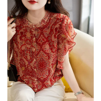 Vintage Chiffon Blouse met Ruches voor Zomerse Elegantie