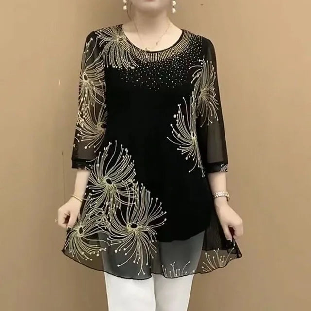 Vintage Mesh Spliced Blouse voor Vrouwen