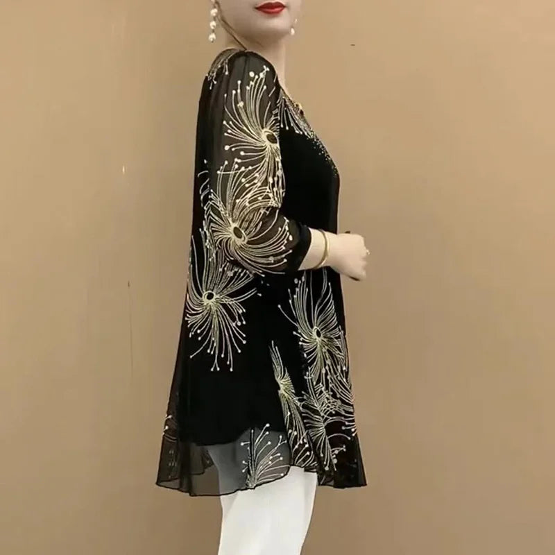 Vintage Mesh Spliced Blouse voor Vrouwen