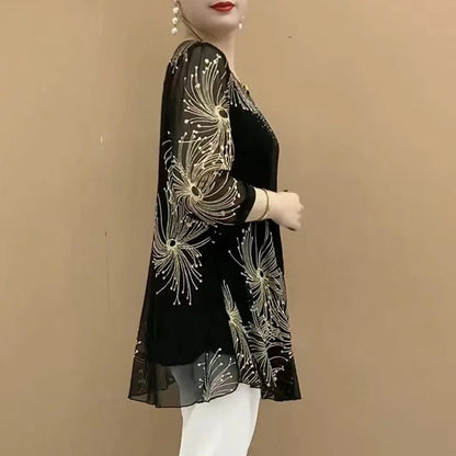 Vintage Mesh Spliced Blouse voor Vrouwen