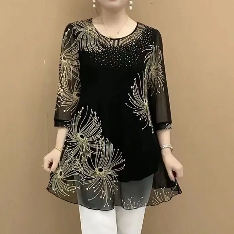 Vintage Mesh Spliced Blouse voor Vrouwen