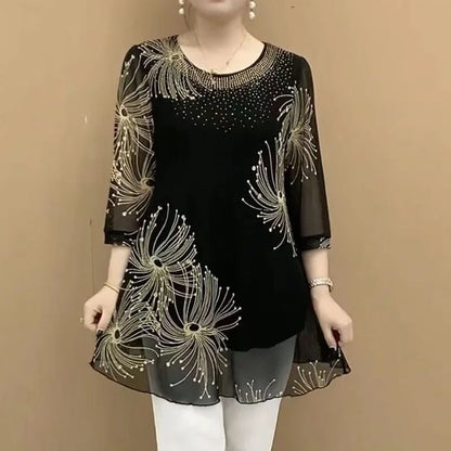 Vintage Mesh Spliced Blouse voor Vrouwen