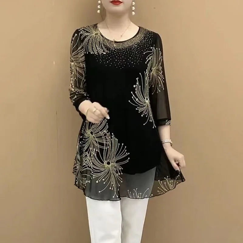Vintage Mesh Spliced Blouse voor Vrouwen