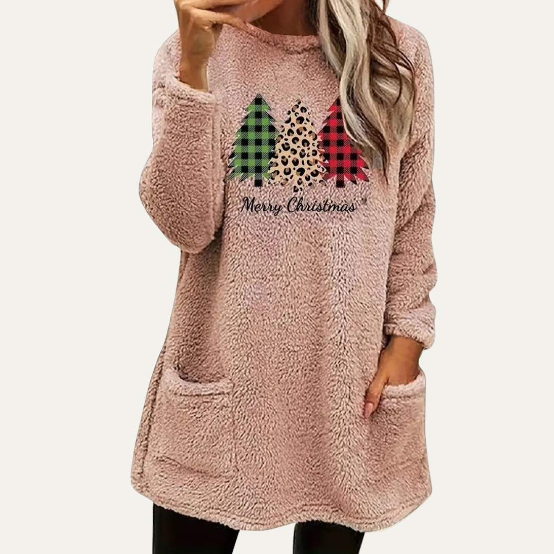 VogeLuxe | Dames Fuzzy Christmas Tree Sherpa Lounge Top 3