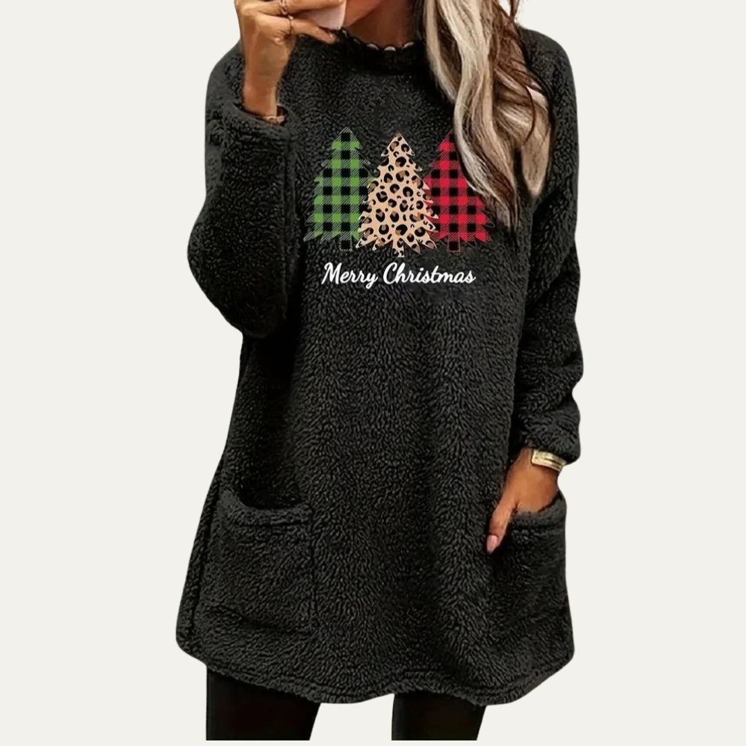 VogeLuxe | Dames Fuzzy Christmas Tree Sherpa Lounge Top 4
